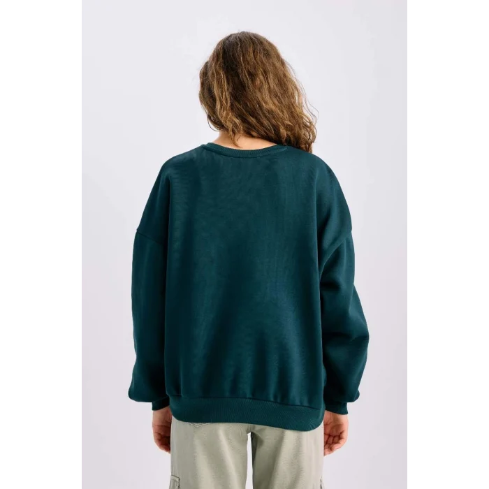 E1696 Loose Fit Bisiklet Yaka Baskılı Kalın Sweatshirt