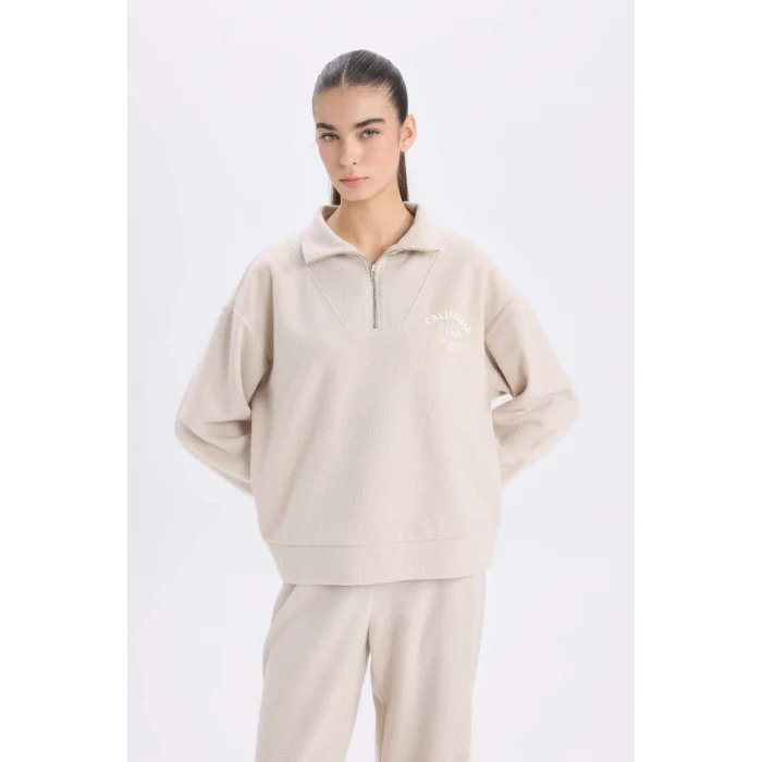 E1850 Regular Fit Yarım Fermuarlı Baskılı Casual Sweatshirt