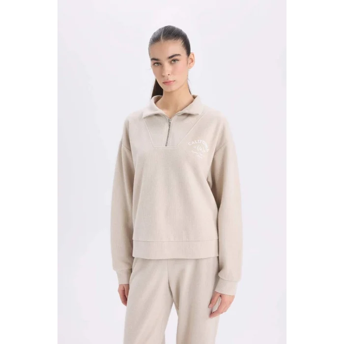 E1850 Regular Fit Yarım Fermuarlı Baskılı Casual Sweatshirt