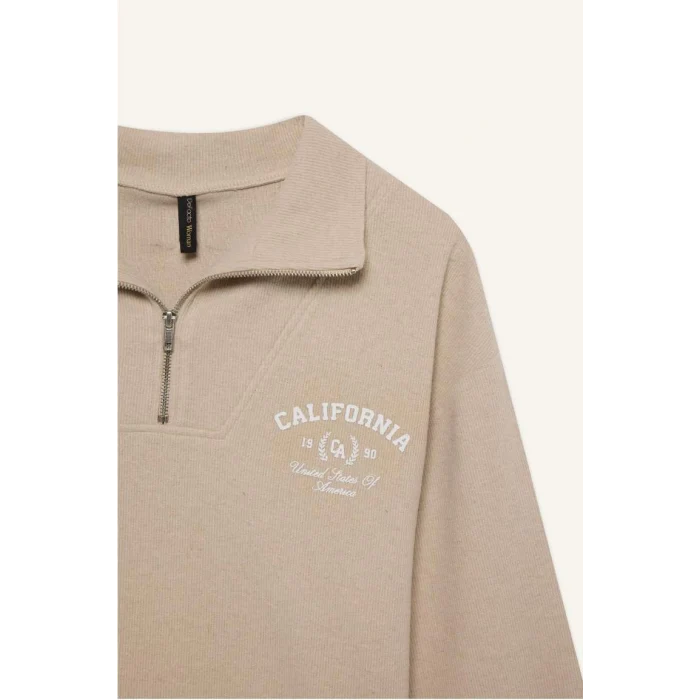 E1850 Regular Fit Yarım Fermuarlı Baskılı Casual Sweatshirt