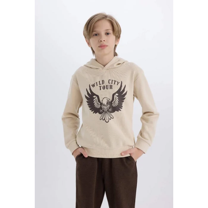 E1931 Erkek Çocuk Kapüşonlu Baskılı Kalın Sweatshirt Beli Lastikli Eşofman Altı 2li Takım