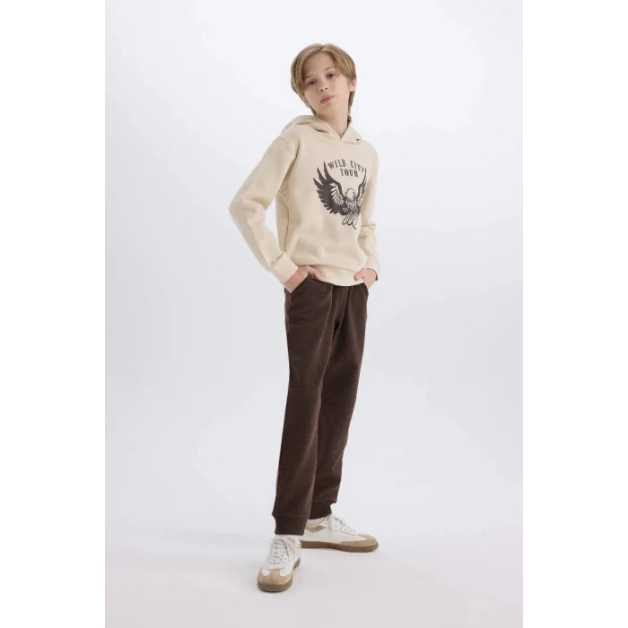 E1931 Erkek Çocuk Kapüşonlu Baskılı Kalın Sweatshirt Beli Lastikli Eşofman Altı 2li Takım