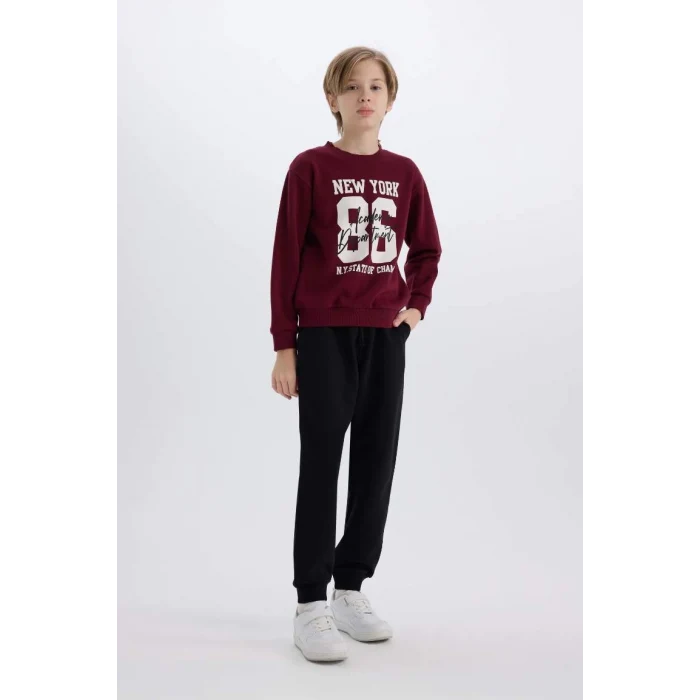 E1935 Erkek Çocuk Bisiklet Yaka Baskılı Kalın Sweatshirt Beli Lastikli Eşofman Altı 2li Takım