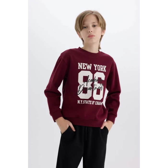 E1935 Erkek Çocuk Bisiklet Yaka Baskılı Kalın Sweatshirt Beli Lastikli Eşofman Altı 2li Takım