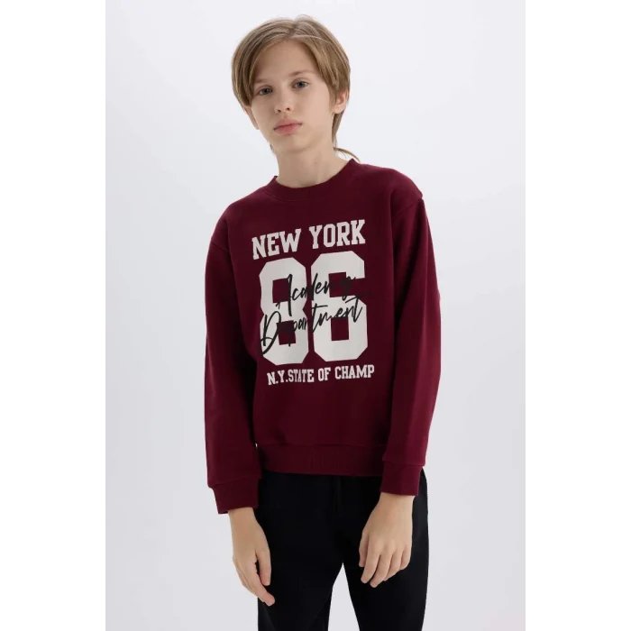 E1935 Erkek Çocuk Bisiklet Yaka Baskılı Kalın Sweatshirt Beli Lastikli Eşofman Altı 2li Takım
