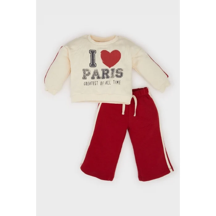 E2214 Kız Bebek Bisiklet Yaka Baskılı Sweatshirt Beli Lastikli Eşofman Altı 2li Takım