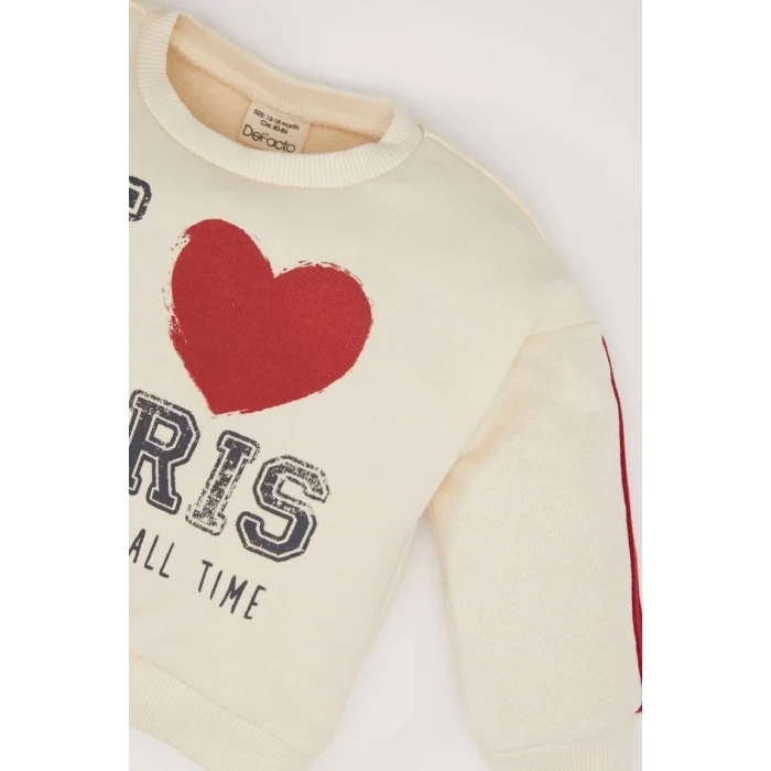 E2214 Kız Bebek Bisiklet Yaka Baskılı Sweatshirt Beli Lastikli Eşofman Altı 2li Takım