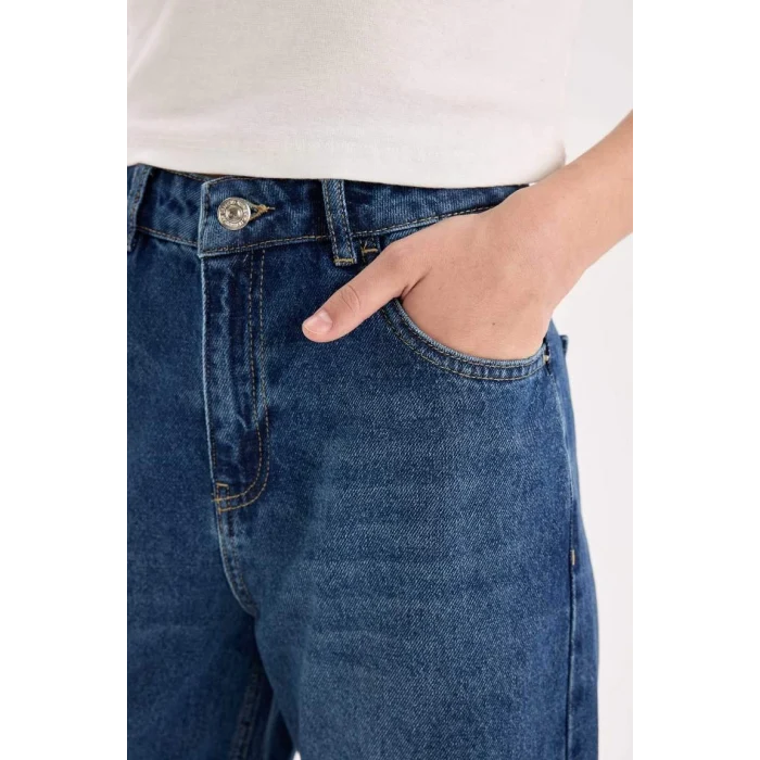 E2975 Straight Wide Yüksek Bel Uzun Jean Yıkamalı Pantolon