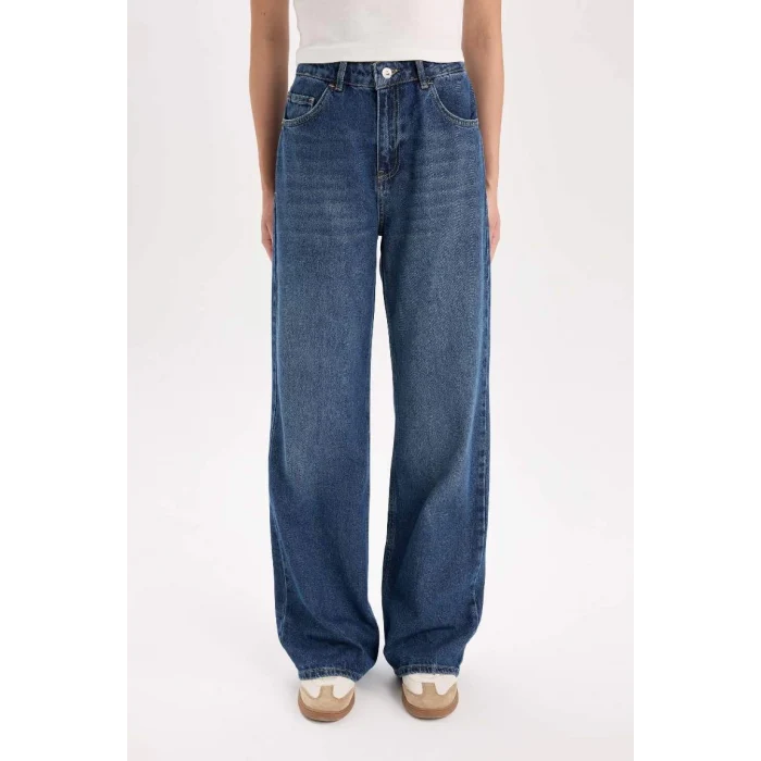 E2975 Straight Wide Yüksek Bel Uzun Jean Yıkamalı Pantolon