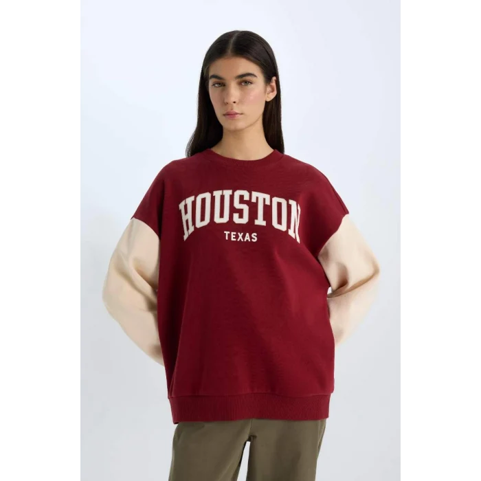 E3228 Oversize Geniş Kalıp Bisiklet Yaka Baskılı Kalın Sweatshirt