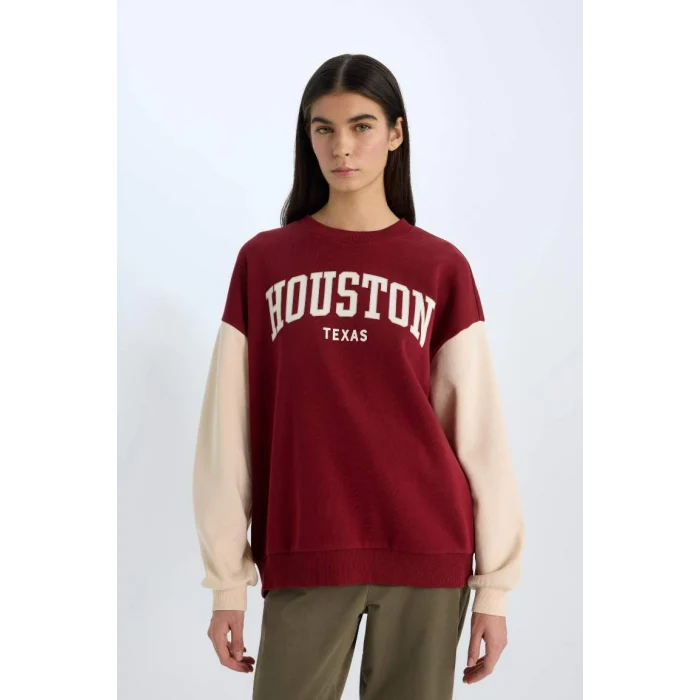 E3228 Oversize Geniş Kalıp Bisiklet Yaka Baskılı Kalın Sweatshirt