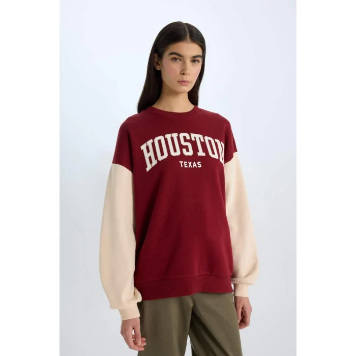 E3228 Oversize Geniş Kalıp Bisiklet Yaka Baskılı Kalın Sweatshirt