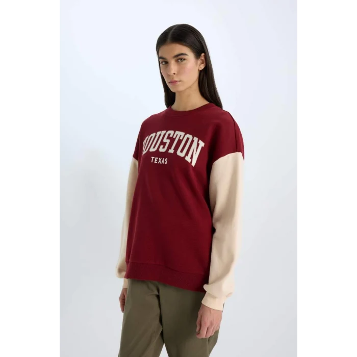 E3228 Oversize Geniş Kalıp Bisiklet Yaka Baskılı Kalın Sweatshirt