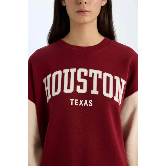 E3228 Oversize Geniş Kalıp Bisiklet Yaka Baskılı Kalın Sweatshirt