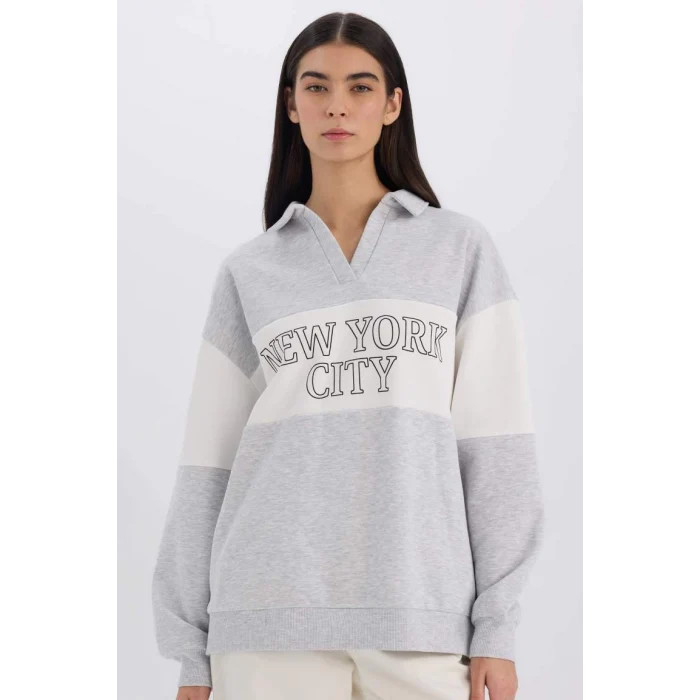 E3229 Relax Fit Polo Yaka Baskılı Kalın Sweatshirt