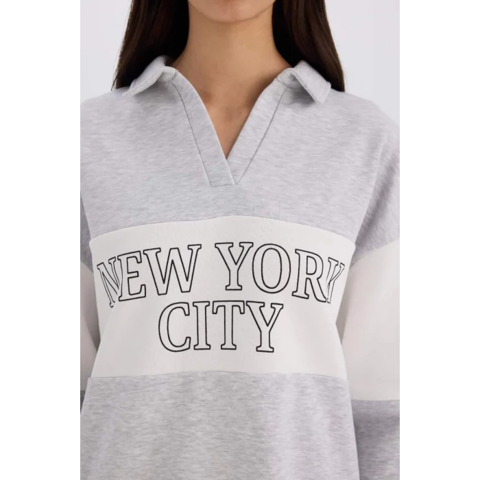 E3229 Relax Fit Polo Yaka Baskılı Kalın Sweatshirt