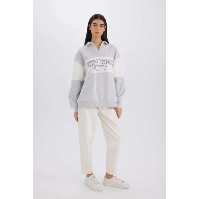 E3229 Relax Fit Polo Yaka Baskılı Kalın Sweatshirt