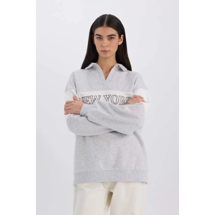 E3229 Relax Fit Polo Yaka Baskılı Kalın Sweatshirt