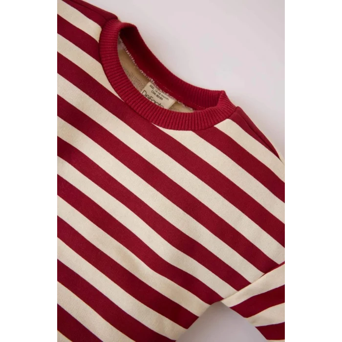 E3312 Kız Bebek Bisiklet Yaka Çizgili Sweatshirt İspanyol Paça Tayt 2li Takım