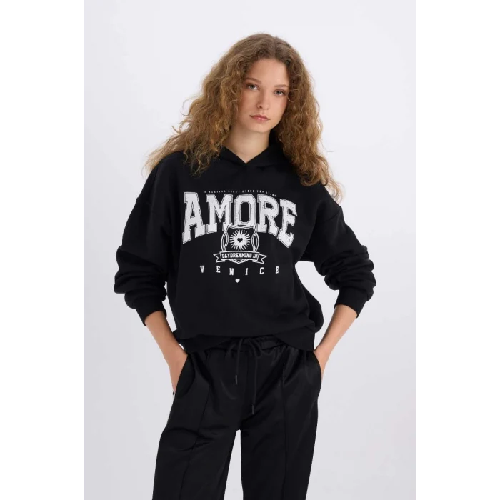 E3330 Loose Fit Kapüşonlu Baskılı Kalın Kumaş Sweatshirt