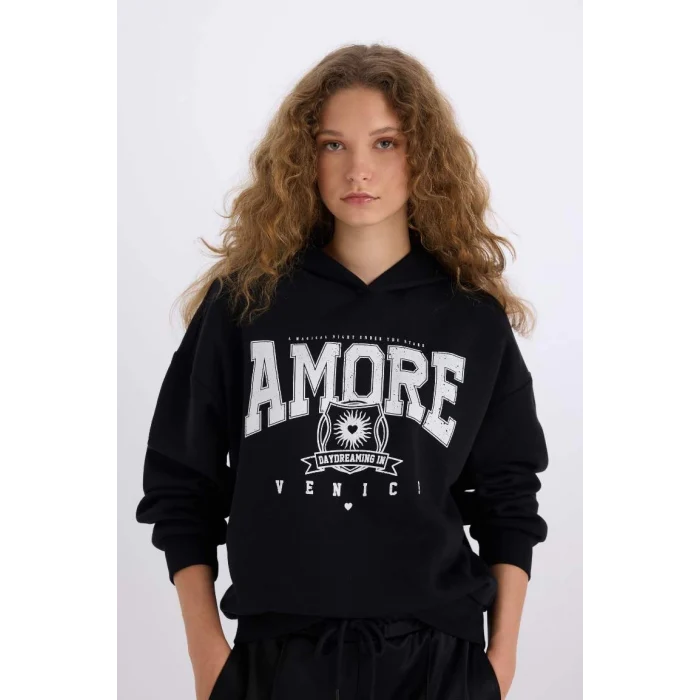 E3330 Loose Fit Kapüşonlu Baskılı Kalın Kumaş Sweatshirt