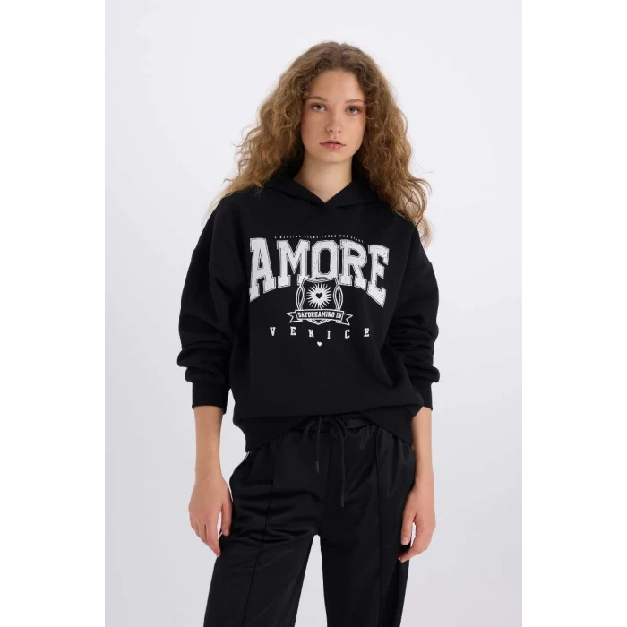 E3330 Loose Fit Kapüşonlu Baskılı Kalın Kumaş Sweatshirt