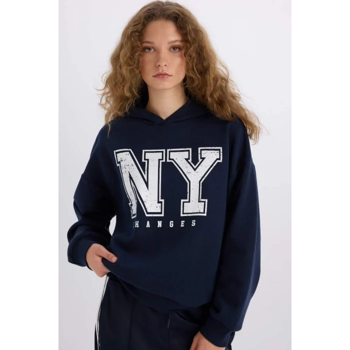 E3332 Loose Fit Kapüşonlu Baskılı Kalın Kumaş Sweatshirt