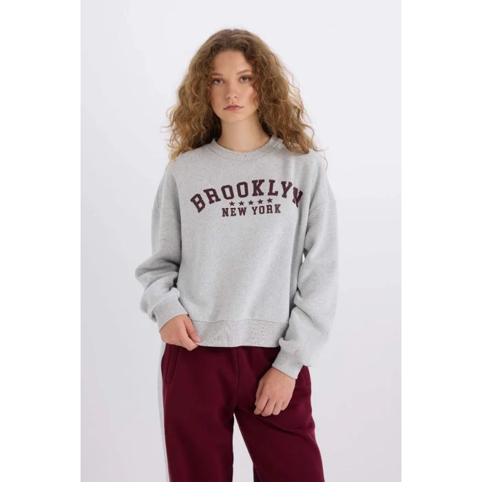 E3387 Loose Fit Bisiklet Yaka Baskılı Kalın Kumaş Sweatshirt