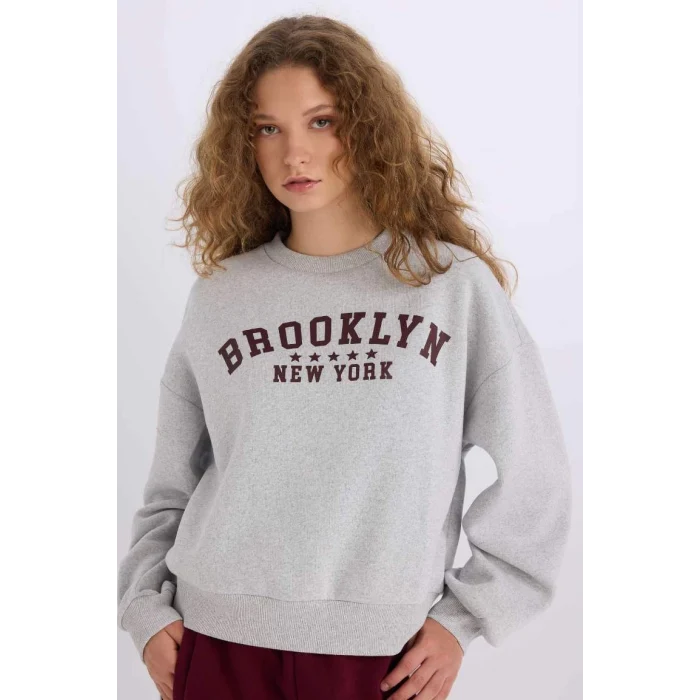 E3387 Loose Fit Bisiklet Yaka Baskılı Kalın Kumaş Sweatshirt