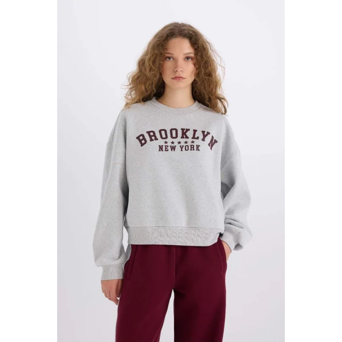 E3387 Loose Fit Bisiklet Yaka Baskılı Kalın Kumaş Sweatshirt