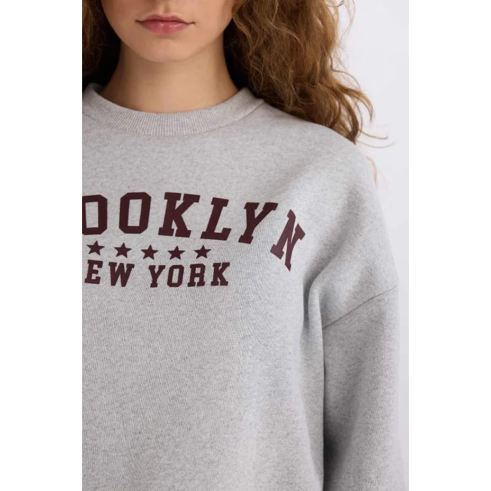 E3387 Loose Fit Bisiklet Yaka Baskılı Kalın Kumaş Sweatshirt