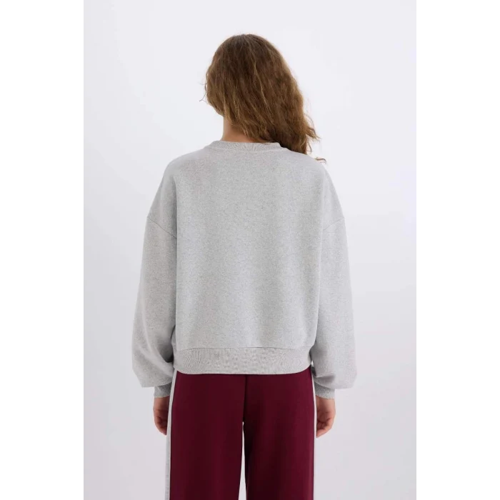 E3387 Loose Fit Bisiklet Yaka Baskılı Kalın Kumaş Sweatshirt