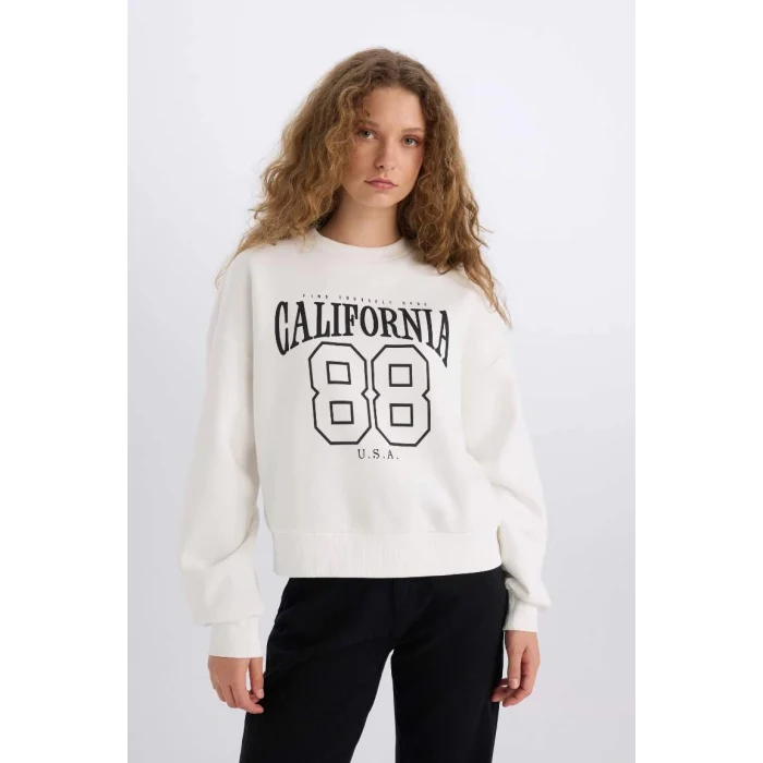 E3388 Loose Fit Bisiklet Yaka Baskılı Kalın Kumaş Sweatshirt