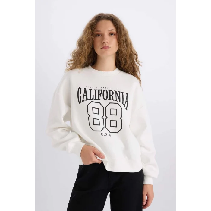 E3388 Loose Fit Bisiklet Yaka Baskılı Kalın Kumaş Sweatshirt