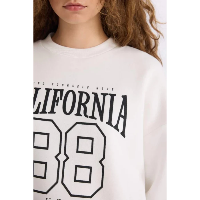 E3388 Loose Fit Bisiklet Yaka Baskılı Kalın Kumaş Sweatshirt