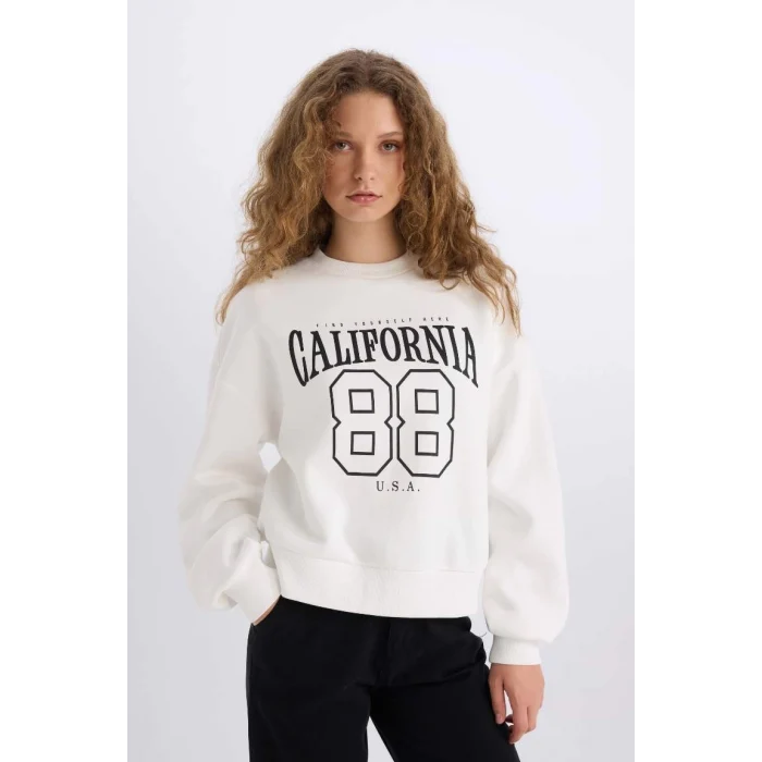 E3388 Loose Fit Bisiklet Yaka Baskılı Kalın Kumaş Sweatshirt