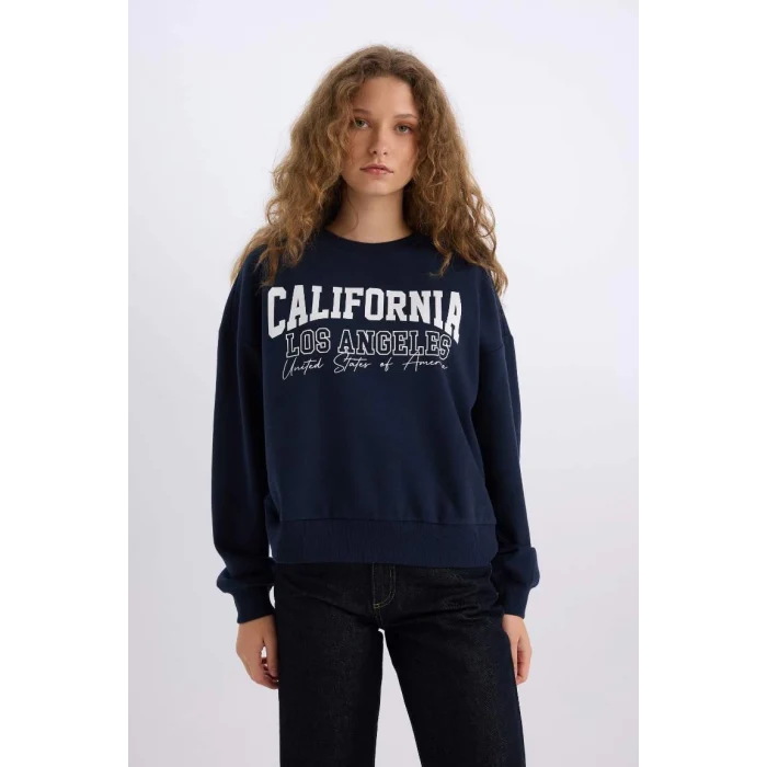 E3390 Loose Fit Bisiklet Yaka Baskılı Kalın Kumaş Sweatshirt