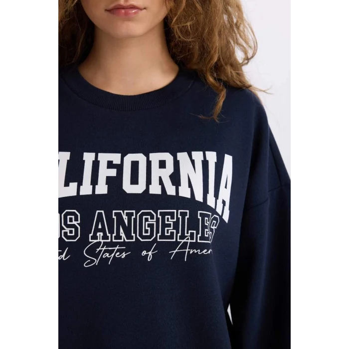 E3390 Loose Fit Bisiklet Yaka Baskılı Kalın Kumaş Sweatshirt