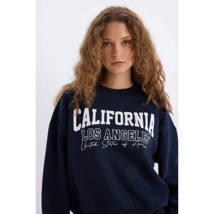 E3390 Loose Fit Bisiklet Yaka Baskılı Kalın Kumaş Sweatshirt