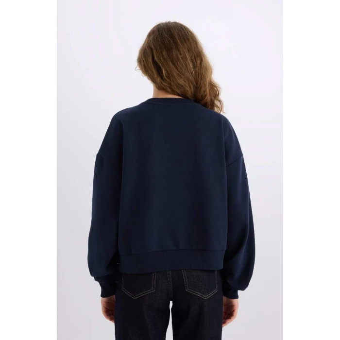 E3390 Loose Fit Bisiklet Yaka Baskılı Kalın Kumaş Sweatshirt