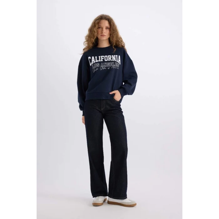 E3390 Loose Fit Bisiklet Yaka Baskılı Kalın Kumaş Sweatshirt