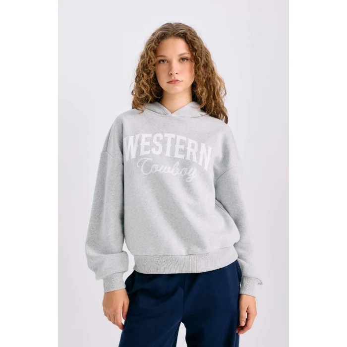 E3658 Oversize Geniş Kalıp Kapüşonlu Baskılı Kalın Sweatshirt Kumaşı Sweatshirt