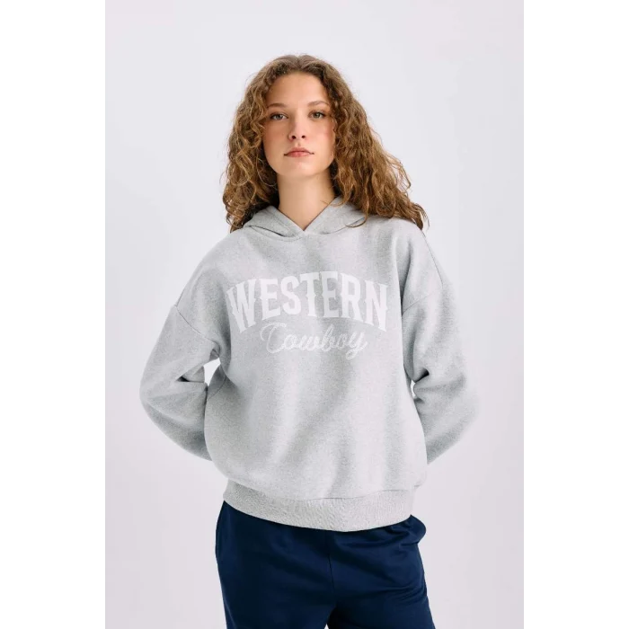 E3658 Oversize Geniş Kalıp Kapüşonlu Baskılı Kalın Sweatshirt Kumaşı Sweatshirt