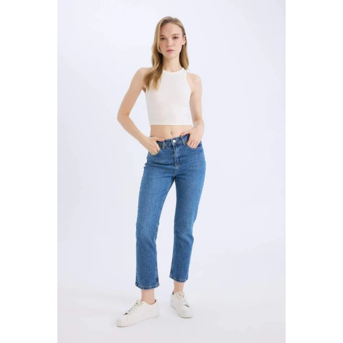 E4963 Mary Vintage Straight Fit Yüksek Bel Bilek Boy Jean Yıkamalı Pantolon