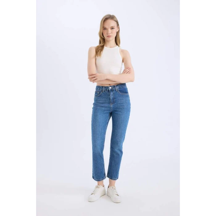 E4963 Mary Vintage Straight Fit Yüksek Bel Bilek Boy Jean Yıkamalı Pantolon
