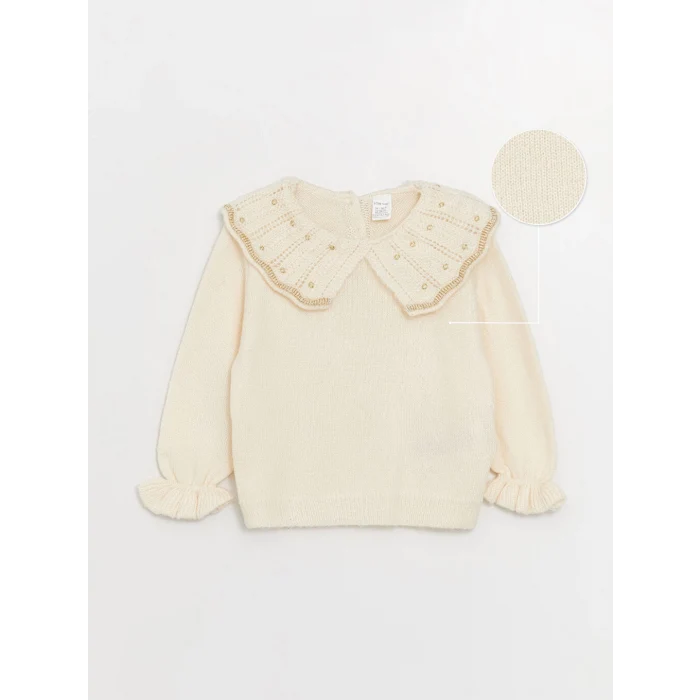 LCW baby Ekru Bebe Yaka Uzun Kollu Kendinden Desenli Kız Bebek Triko Kazak