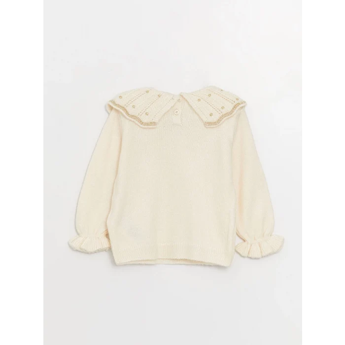 LCW baby Ekru Bebe Yaka Uzun Kollu Kendinden Desenli Kız Bebek Triko Kazak