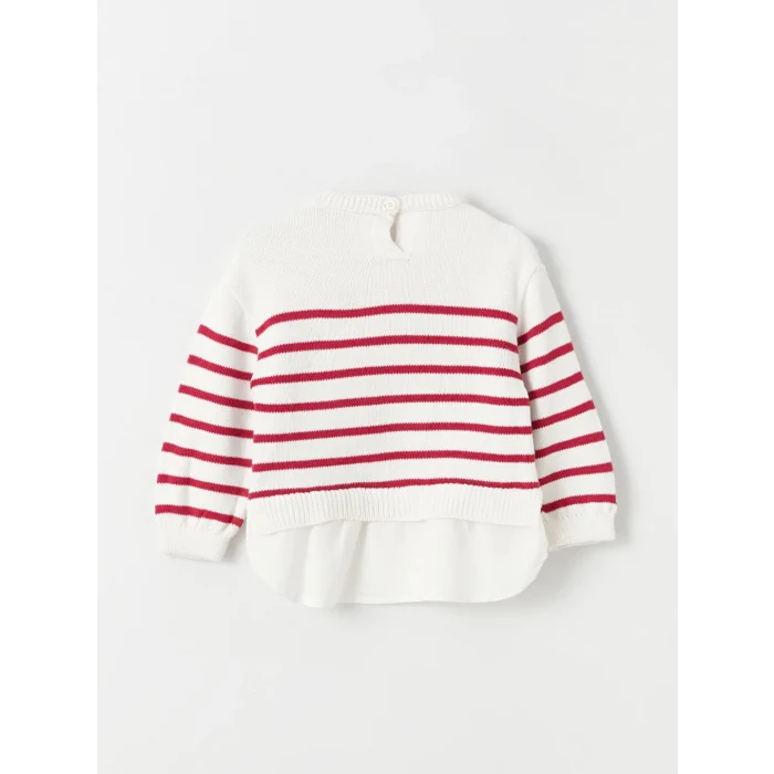LCW baby Ekru Bisiklet Yaka Çizgili Kız Bebek Triko Kazak