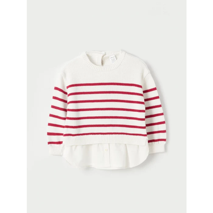 LCW baby Ekru Bisiklet Yaka Çizgili Kız Bebek Triko Kazak