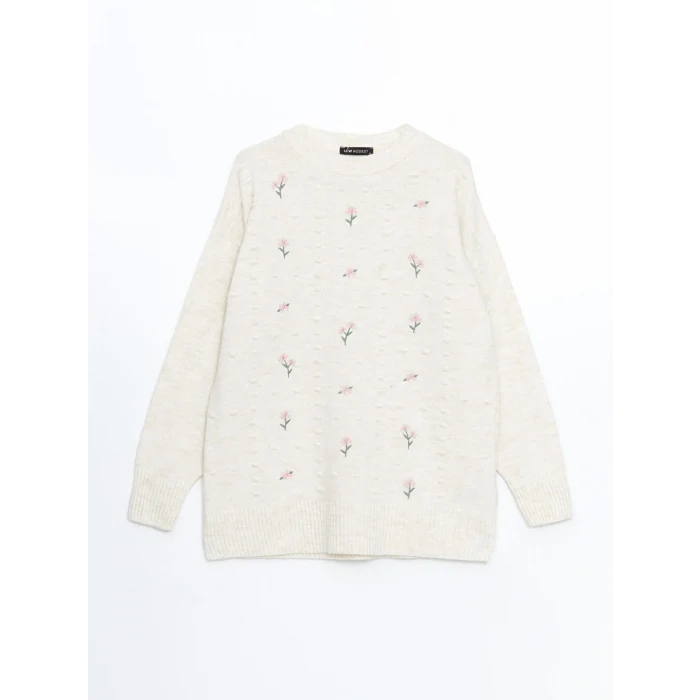 LCW Modest Ekru Bisiklet Yaka Çiçek Nakışlı Kadın Triko Tunik